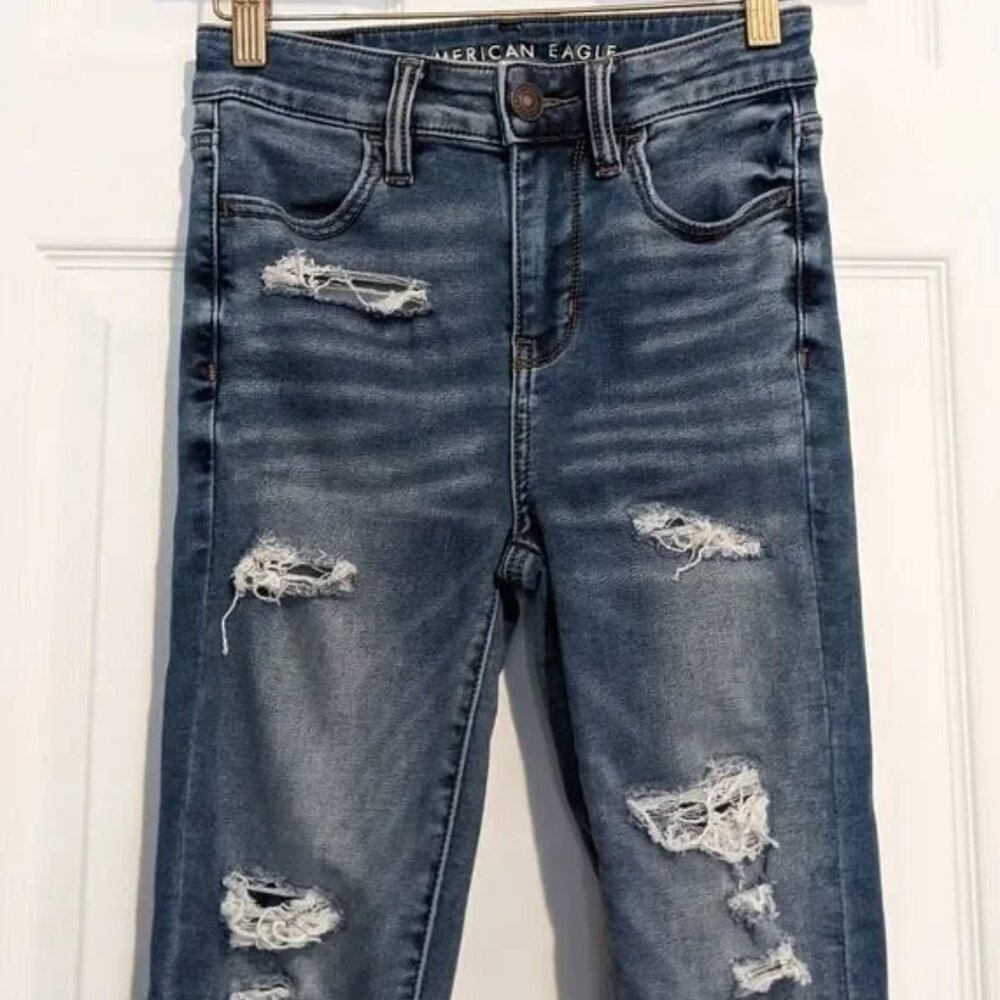 AEO High Rise Jeggings Distressed Denim Skinny Raw - Picture 2 of 8
